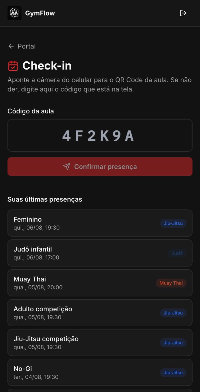 Tela de check-in no celular do aluno, com o campo do código da aula e o histórico de treinos