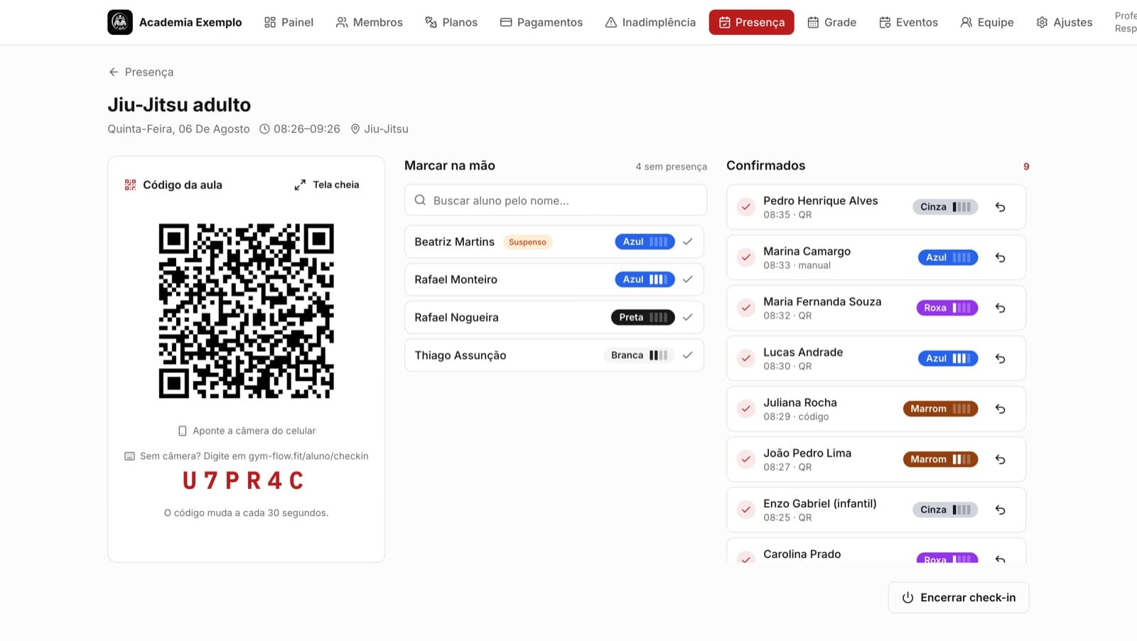 Tela de check-in com QR Code na aula de Jiu-Jitsu adulto e a lista de alunos confirmados